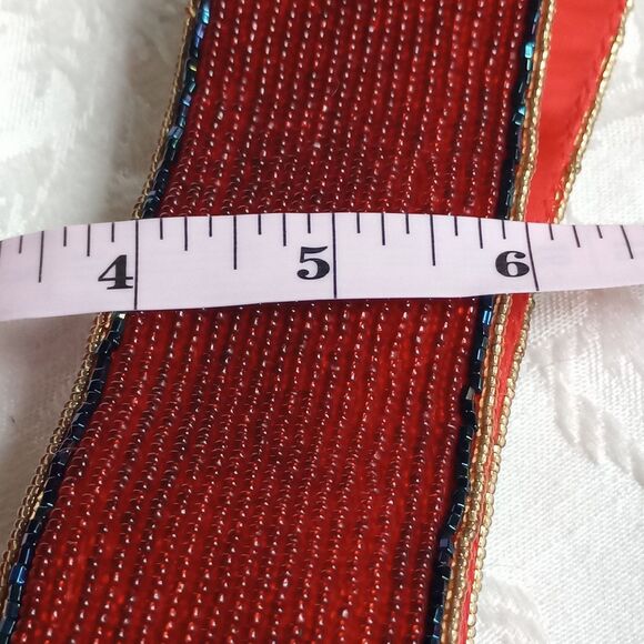 Vintage Regale Beaded Belt Red gold flower scroll leaf adjustable  30-33